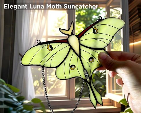 Green Luna Moth Stained Glass Window Hanging - Handmade Real Glass Suncatcher for Women, Mom, Grandma - Elegant Green Butterfly Gifts Box Home Decor (H5.8xW7.3Inch) in Saudi Arabia