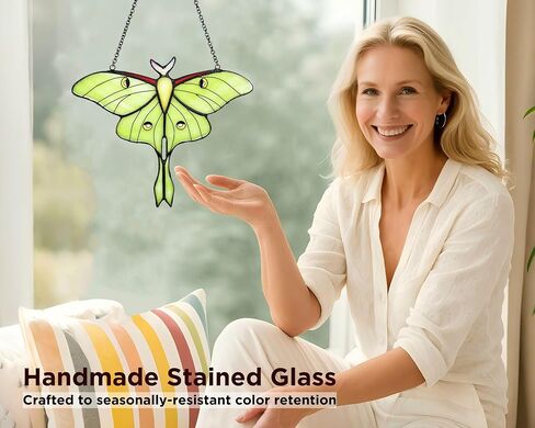 Green Luna Moth Stained Glass Window Hanging - Handmade Real Glass Suncatcher for Women, Mom, Grandma - Elegant Green Butterfly Gifts Box Home Decor (H5.8xW7.3Inch) in Saudi Arabia