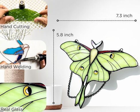 Green Luna Moth Stained Glass Window Hanging - Handmade Real Glass Suncatcher for Women, Mom, Grandma - Elegant Green Butterfly Gifts Box Home Decor (H5.8xW7.3Inch) in Saudi Arabia
