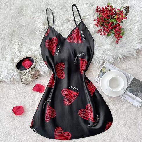 Women's Satin Pajama Set, Soft Sleepwear Nightgown, Heart Print V-Neck Spaghetti Strap Loungewear, for Home, Sleep in Kuwait