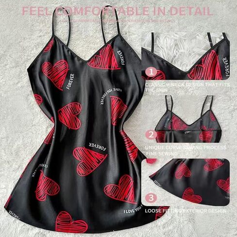 Women's Satin Pajama Set, Soft Sleepwear Nightgown, Heart Print V-Neck Spaghetti Strap Loungewear, for Home, Sleep in Kuwait