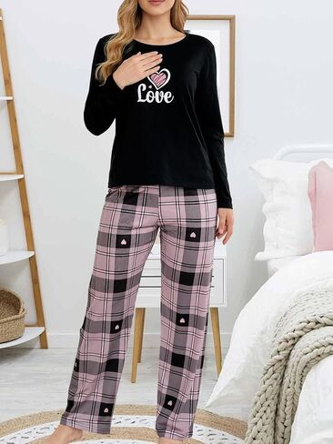 Womens Long Sleeve Pajama Set Two Piece Sleepwear Set Round Neck Top with Full Length Pants Pajamas for Women in Kuwait