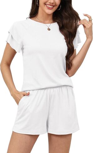 Anjue Summer Cotton 2Pcs Ruffle Sleeves Short Sleeve Women Pajama Sets Lounge Set in Saudi Arabia