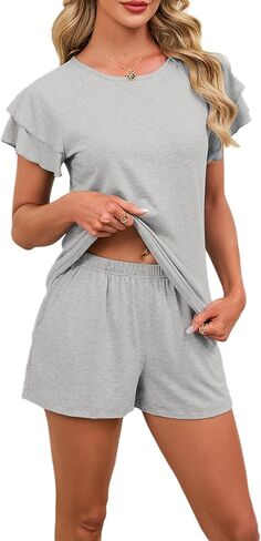 Anjue Summer Cotton 2Pcs Ruffle Sleeves Short Sleeve Women Pajama Sets Lounge Set in Saudi Arabia