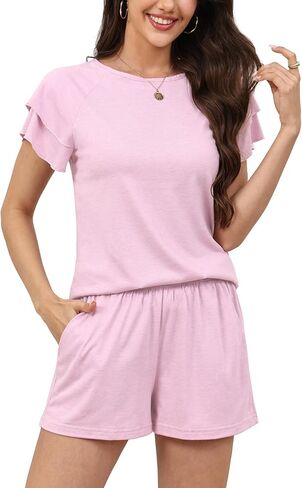 Anjue Summer Cotton 2Pcs Ruffle Sleeves Short Sleeve Women Pajama Sets Lounge Set in Saudi Arabia