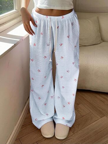 Plus Size Women New Sweet Bow Striped Pants Ladies Casual Loose Elastic Waist Wide Leg Drawstring Long Trousers ﻿ in Kuwait