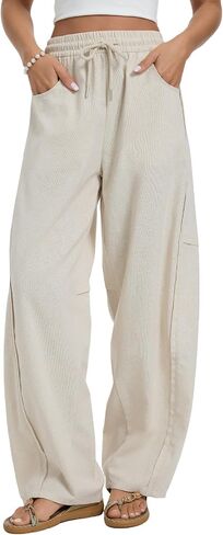 Women's Barrel Linen Pants Elastic Drawstring Palazzo Pants Casual Lounge Beach Travel Vacation Wide Leg Trousers in Saudi Arabia