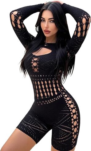 Sexy Hollow Out Mesh Bodysuit for Women - Long Sleeve Fishnet Lingerie | Rave Party, Club wear in Saudi Arabia