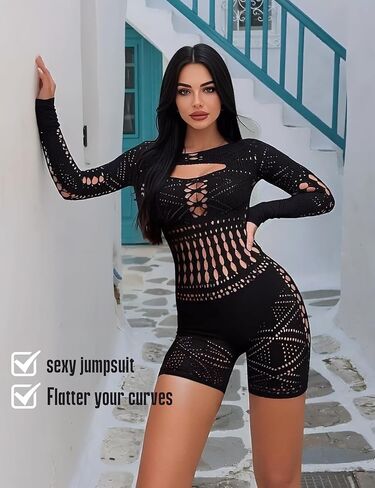 Sexy Hollow Out Mesh Bodysuit for Women - Long Sleeve Fishnet Lingerie | Rave Party, Club wear in Saudi Arabia
