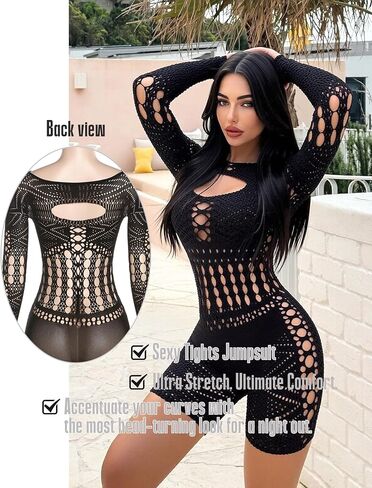 Sexy Hollow Out Mesh Bodysuit for Women - Long Sleeve Fishnet Lingerie | Rave Party, Club wear in Saudi Arabia