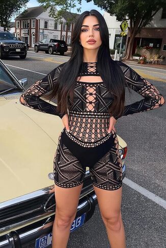 Sexy Hollow Out Mesh Bodysuit for Women - Long Sleeve Fishnet Lingerie | Rave Party, Club wear in Saudi Arabia