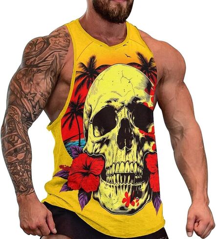 Men's Tropical Hawaiian Tank Top Skull Print Beach Vacation Sleeveless Crew Neck Muscle Tee in Kuwait