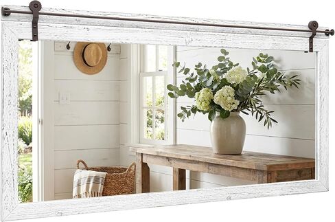 27"x49" Large Whitewashed Barn Door Bathroom Mirror for Over Sink, Horizontal Solid Wood Frame Rustic Vanity Mirror, HD Tempered Glass Farmhouse Wall Mirror for Double Vanity Setup in Saudi Arabia