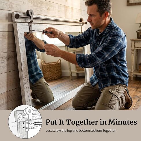 27"x49" Large Whitewashed Barn Door Bathroom Mirror for Over Sink, Horizontal Solid Wood Frame Rustic Vanity Mirror, HD Tempered Glass Farmhouse Wall Mirror for Double Vanity Setup in Saudi Arabia