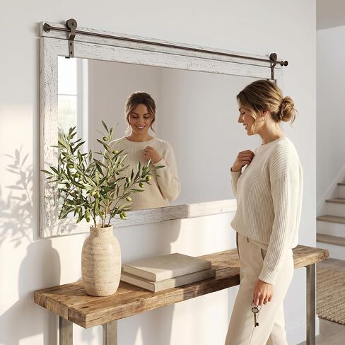 27"x49" Large Whitewashed Barn Door Bathroom Mirror for Over Sink, Horizontal Solid Wood Frame Rustic Vanity Mirror, HD Tempered Glass Farmhouse Wall Mirror for Double Vanity Setup in Saudi Arabia
