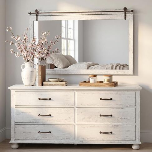 27"x49" Large Whitewashed Barn Door Bathroom Mirror for Over Sink, Horizontal Solid Wood Frame Rustic Vanity Mirror, HD Tempered Glass Farmhouse Wall Mirror for Double Vanity Setup in Saudi Arabia