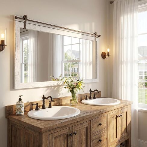27"x49" Large Whitewashed Barn Door Bathroom Mirror for Over Sink, Horizontal Solid Wood Frame Rustic Vanity Mirror, HD Tempered Glass Farmhouse Wall Mirror for Double Vanity Setup in Saudi Arabia