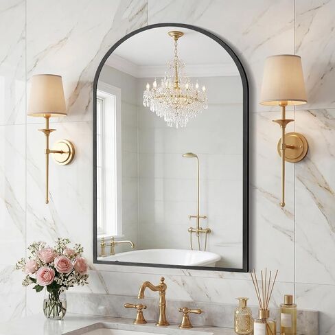 Sweetcrispy 20"x30" Arched Black Bathroom Mirror, Bathroom Mirrors for Over Sink, Modern Wall Mirrors Arch Decorative for Entryway, Bedroom, Vanity,Horizontal or Vertical Hanging in Saudi Arabia