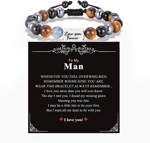 Crystal Bracelet Gifts for Men Him-8MM Triple Protection Hematite Black Obsidian Tiger Eye Natural Gemstone Beaded Adjustable ID Engraving Love You Forever Bracelets for Dad Boyfriend Husband Healing Jewelry Gifts in Saudi Arabia
