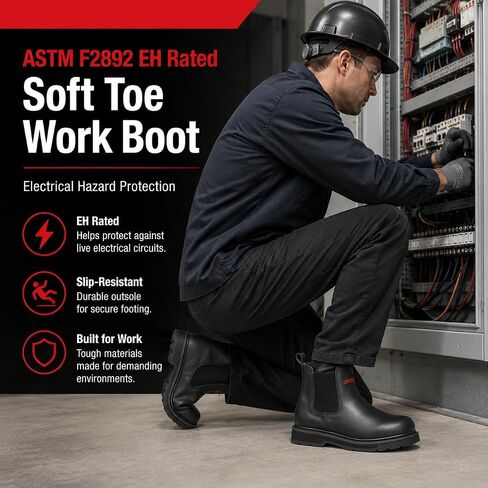 Men’s Slip On Work Boots, 6 Inch Soft Toe Chelsea Work Boots, ASTM F2892 EH, Slip Resistant Oil Resistant Rubber Outsole, PU Insole, Steel Shank, Black D2432 in Saudi Arabia