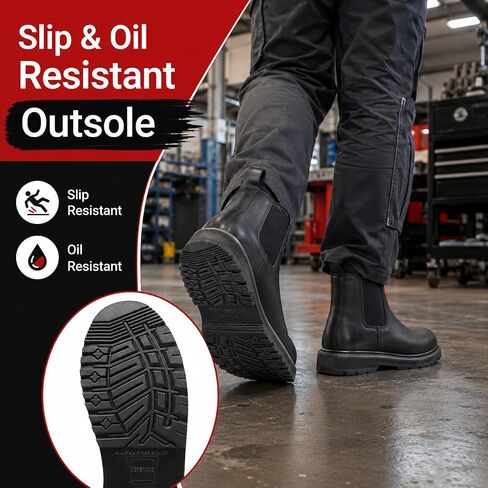 Men’s Slip On Work Boots, 6 Inch Soft Toe Chelsea Work Boots, ASTM F2892 EH, Slip Resistant Oil Resistant Rubber Outsole, PU Insole, Steel Shank, Black D2432 in Saudi Arabia