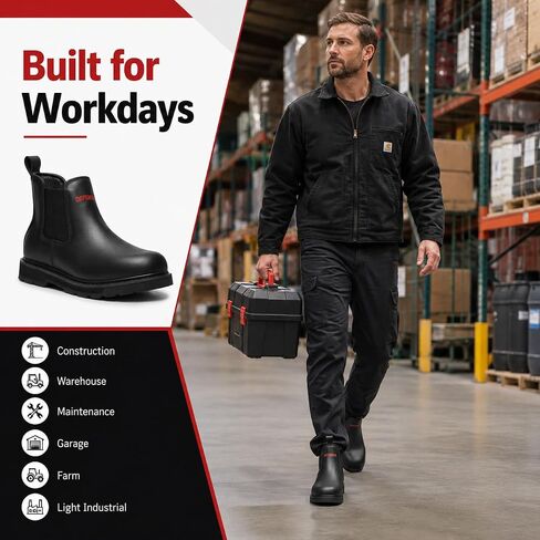 Men’s Slip On Work Boots, 6 Inch Soft Toe Chelsea Work Boots, ASTM F2892 EH, Slip Resistant Oil Resistant Rubber Outsole, PU Insole, Steel Shank, Black D2432 in Saudi Arabia