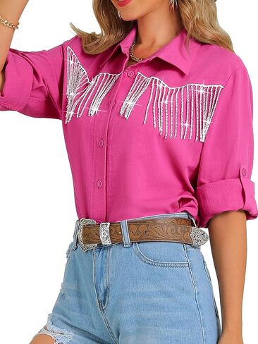 MYMORE Women's ❷⓿❷❻ Western Cowgirl Shirt Rolled 3/4 Sleeve Sparkly Front and Back Beaded Fringe Tops Country Concert Outfit in Saudi Arabia