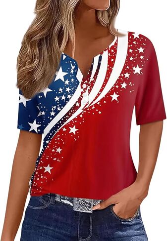 Womens Tops Fashion Short Sleeve Print Round Neck Blouses Henley Neck Casual T Shirts Loose Fit in Saudi Arabia