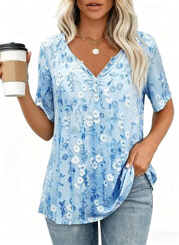 Plus-Size Shirts for Women V-Neck Short Sleeve Graphic Buttons Lace Top,Spring and Summer Style,Suitable for Casual Outings in Kuwait