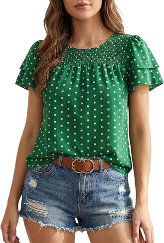Women's Polka Dots Ruffle Puff Sleeve Tops Summer Vintage Smocked Crewneck Dressy Casual Blouses in Kuwait