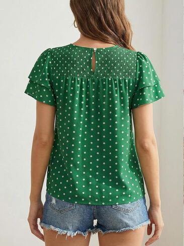 Women's Polka Dots Ruffle Puff Sleeve Tops Summer Vintage Smocked Crewneck Dressy Casual Blouses in Kuwait
