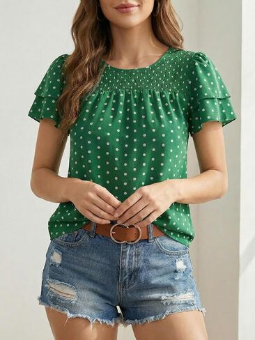 Women's Polka Dots Ruffle Puff Sleeve Tops Summer Vintage Smocked Crewneck Dressy Casual Blouses in Kuwait