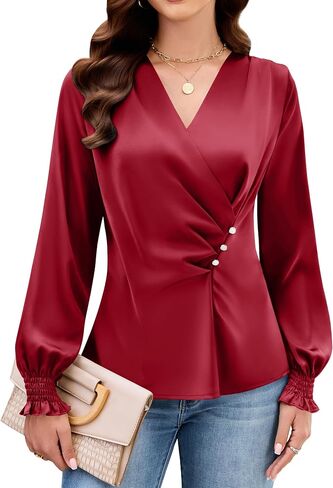 Blooming Jelly Womens Business Casual Blouses Dressy Work Tops Fall Fashion 2026 V Neck Pleated Long Sleeve Shirts in Kuwait