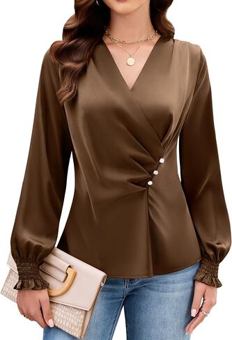 Blooming Jelly Womens Business Casual Blouses Dressy Work Tops Fall Fashion 2026 V Neck Pleated Long Sleeve Shirts in Kuwait