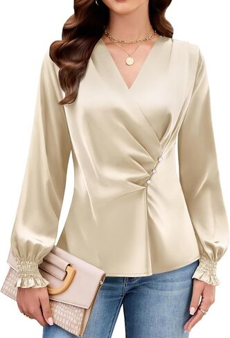 Blooming Jelly Womens Business Casual Blouses Dressy Work Tops Fall Fashion 2026 V Neck Pleated Long Sleeve Shirts in Kuwait