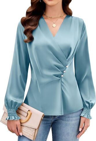 Blooming Jelly Womens Business Casual Blouses Dressy Work Tops Fall Fashion 2026 V Neck Pleated Long Sleeve Shirts in Kuwait