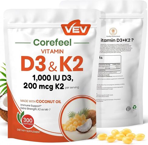 VEV Vitamin D3 K2 Softgels 10,000 IU & 200 mcg MK-7, Bone & Joint Support Supplement, Immune Support Formula with Coconut Oil, 300 Softgels in Saudi Arabia