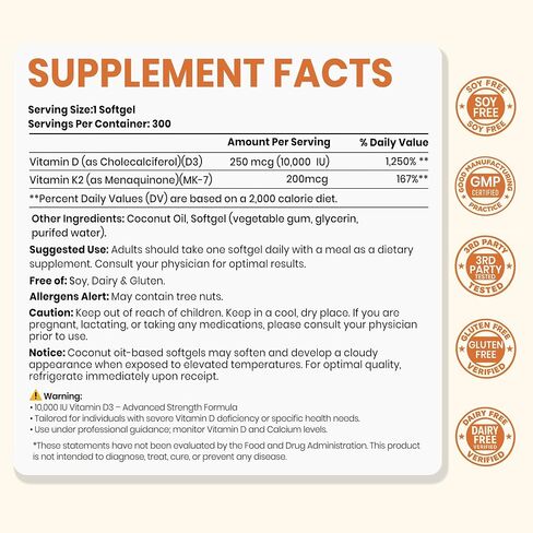 VEV Vitamin D3 K2 Softgels 10,000 IU & 200 mcg MK-7, Bone & Joint Support Supplement, Immune Support Formula with Coconut Oil, 300 Softgels in Saudi Arabia