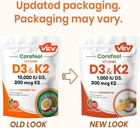 VEV Vitamin D3 K2 Softgels 10,000 IU & 200 mcg MK-7, Bone & Joint Support Supplement, Immune Support Formula with Coconut Oil, 300 Softgels in Saudi Arabia