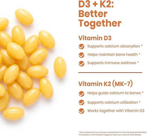 VEV Vitamin D3 K2 Softgels 10,000 IU & 200 mcg MK-7, Bone & Joint Support Supplement, Immune Support Formula with Coconut Oil, 300 Softgels in Saudi Arabia