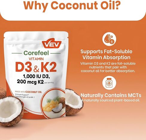 VEV Vitamin D3 K2 Softgels 10,000 IU & 200 mcg MK-7, Bone & Joint Support Supplement, Immune Support Formula with Coconut Oil, 300 Softgels in Saudi Arabia