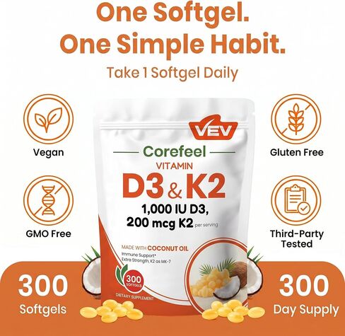 VEV Vitamin D3 K2 Softgels 10,000 IU & 200 mcg MK-7, Bone & Joint Support Supplement, Immune Support Formula with Coconut Oil, 300 Softgels in Saudi Arabia
