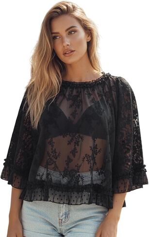 Women's Y2k Trendy Sheer Lace Florals T-Shirt 3/4 Flared Sleeve Blouse Going Out Top Streetwear in Saudi Arabia