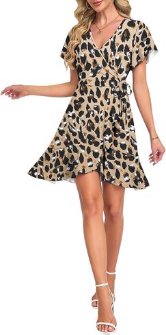 AUSELILY Summer Dresses Wrap Dress for Women Mini Short Flutter Sleeve Casual Sundress V Neck Elegant Flowy Ruffle Sexy Dress in Kuwait