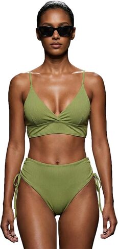 Womens Two Piece Bikini Set Tummy Control Ribbed Lace Up Back Vacation Ready Beach Holiday Pool Party in Kuwait