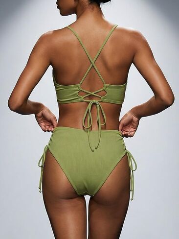Womens Two Piece Bikini Set Tummy Control Ribbed Lace Up Back Vacation Ready Beach Holiday Pool Party in Kuwait