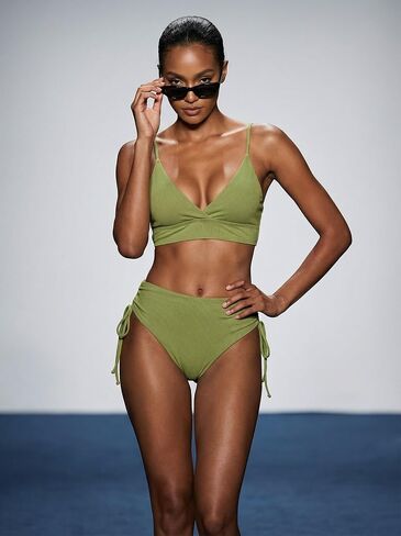 Womens Two Piece Bikini Set Tummy Control Ribbed Lace Up Back Vacation Ready Beach Holiday Pool Party in Kuwait