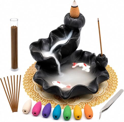 Ceramic Waterfall Backflow Incense Burner Holder, Home Aromatherapy Decoration Ornament with 30 Backflow Incense Cones and 50 Incense Sticks in Saudi Arabia