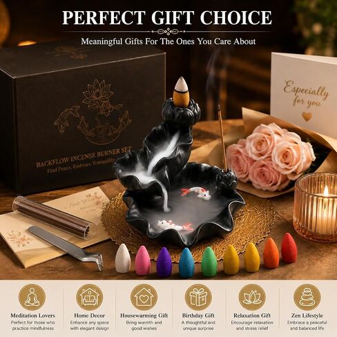 Ceramic Waterfall Backflow Incense Burner Holder, Home Aromatherapy Decoration Ornament with 30 Backflow Incense Cones and 50 Incense Sticks in Saudi Arabia