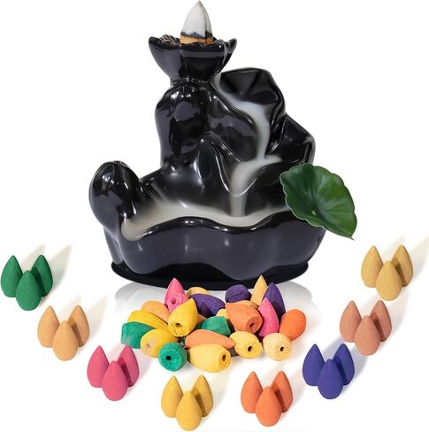 STRN Backflow Incense Cones with Burner for Waterfall, 8 Scented Incense Cone 24 PCS, Sandalwood, Agarwood, Jasmine, Lavender, Backflow Smoke Burning Cone Incense Bulks for Home Fragrance, Bathroom in Saudi Arabia